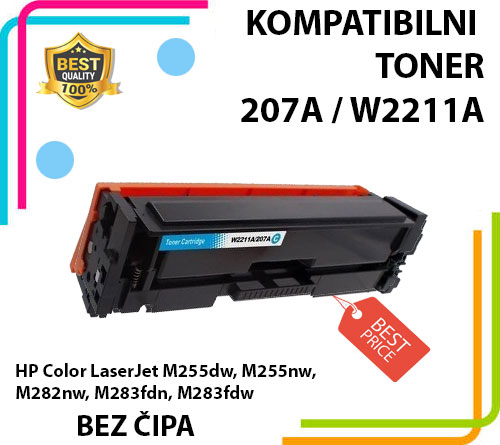 Toner 207A / W2211A Cy (plavi)  -BEZ ČIPA- za HP M255dw/ M255nw/ M282nw/ M283fdn/ M283fdw